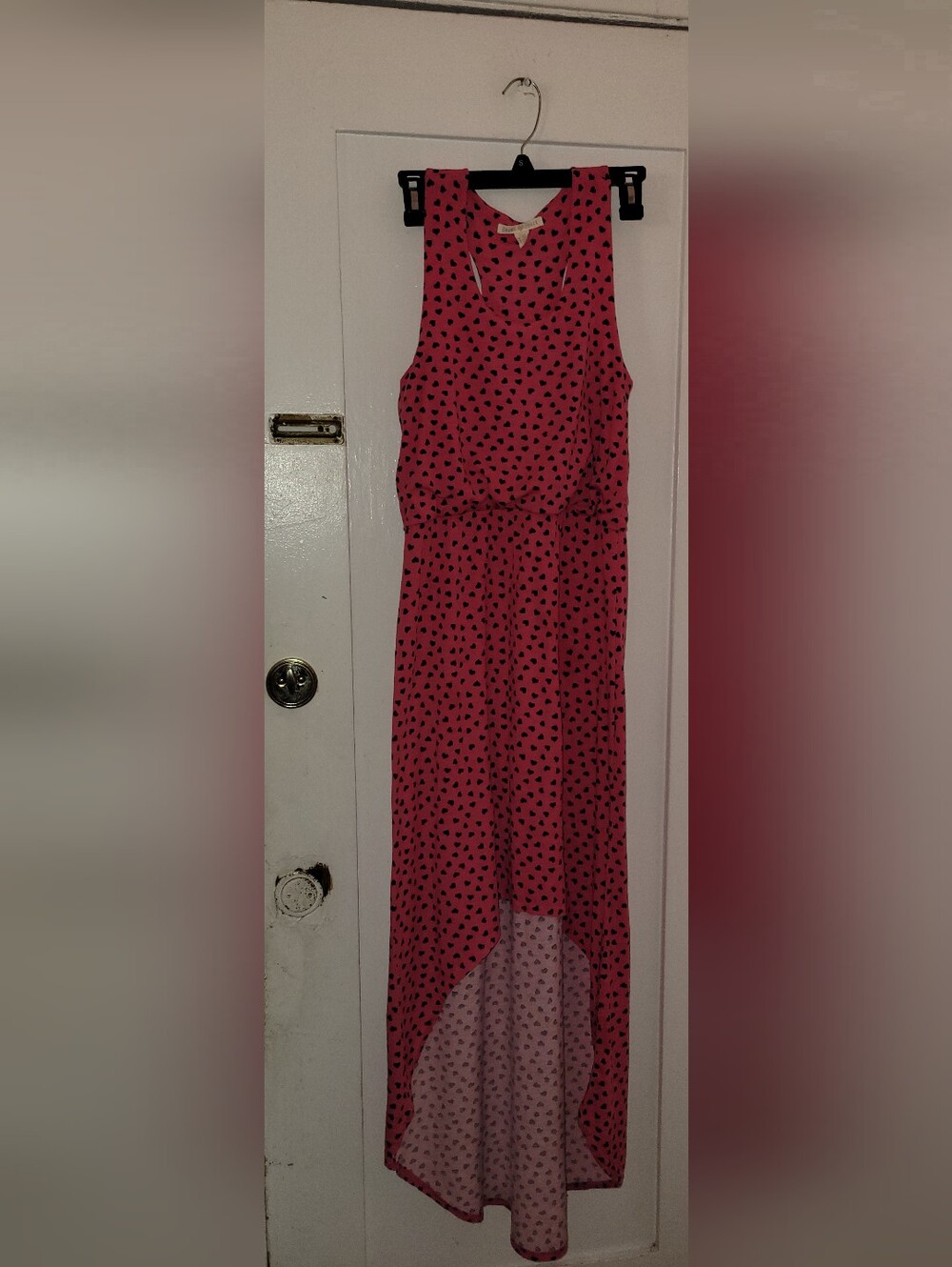 Derek Heart Pink High-Low Sleeveless Maxi Dress with Black Dot Print
